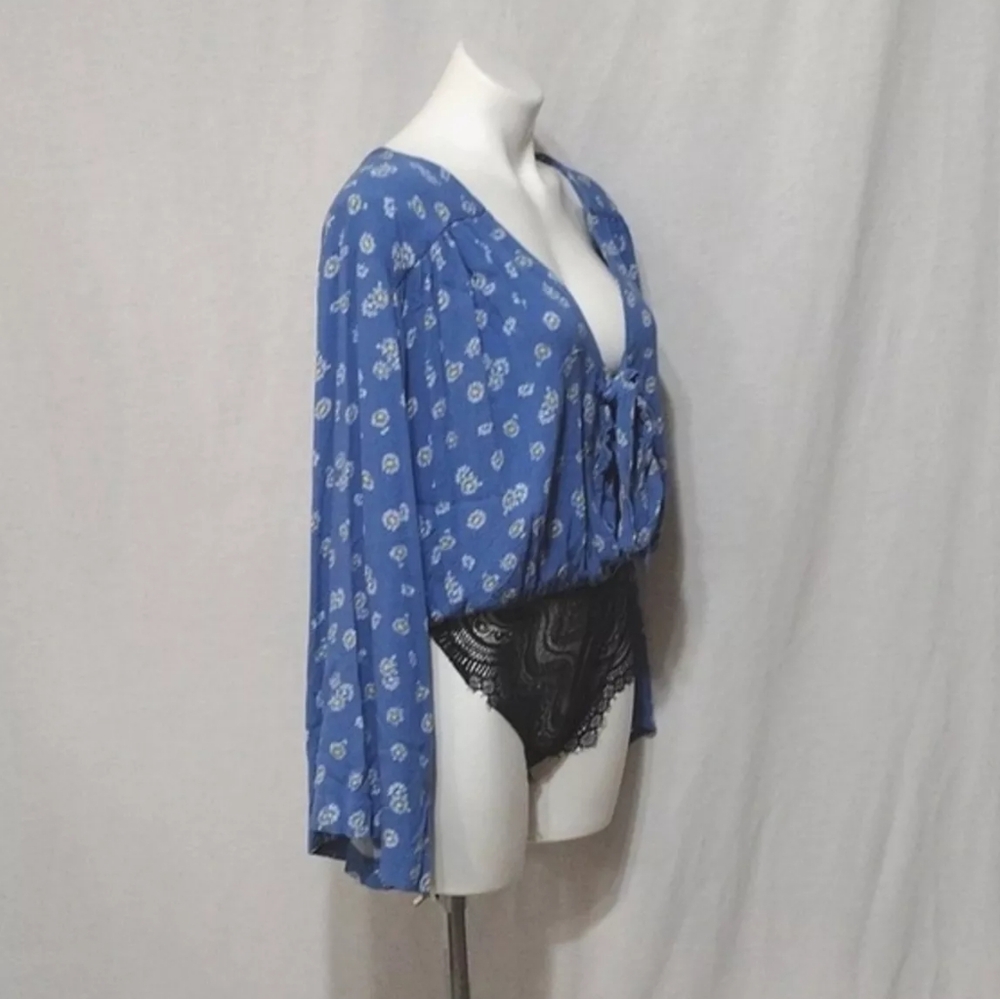 Free People Intimately Forties Feel Blue Daisy V-neck Bodysuit Long Sleeve- L - Picture 11 of 14